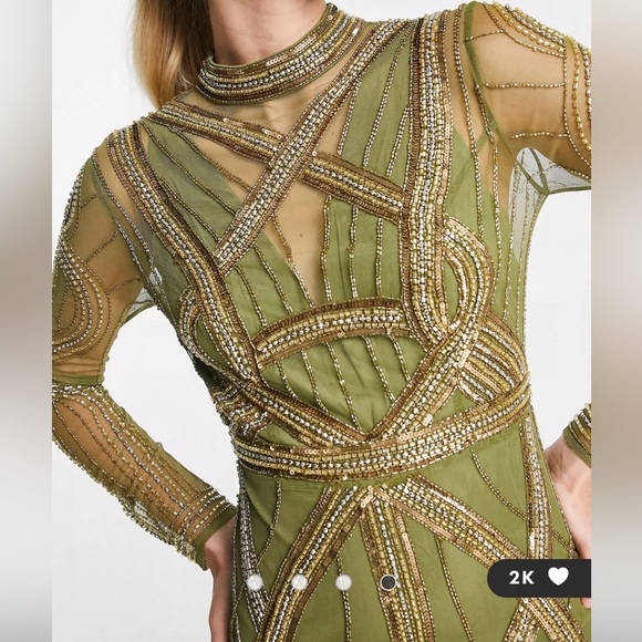 ASOS DESIGN Tall ergonomic embellished maxi dress in khaki green. Size 16 tall. - Picture 3 of 3